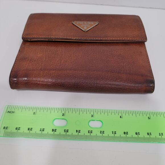 PRADA Smooth Geniue Leather Logo Plate Wallet Medium Envelope Medium Fair Vintag - Picture 13 of 16